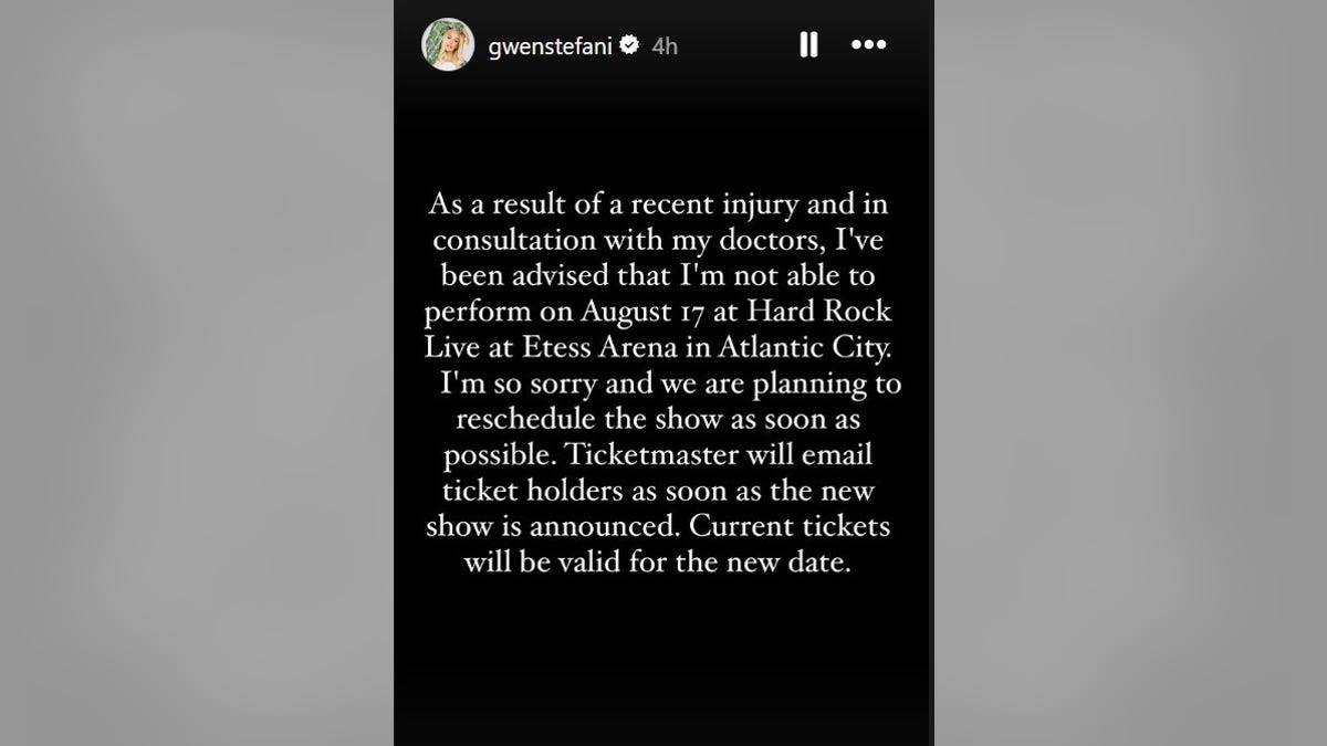 Gwen Stefani cancels Atlantic City concert due to ‘recent injury’ after consulting doctors: ‘I’m so sorry’